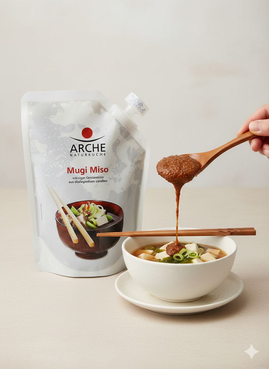 Arche Mugi Miso in una busta stand-up, accanto a una ciotola di zuppa miso con bacchette.