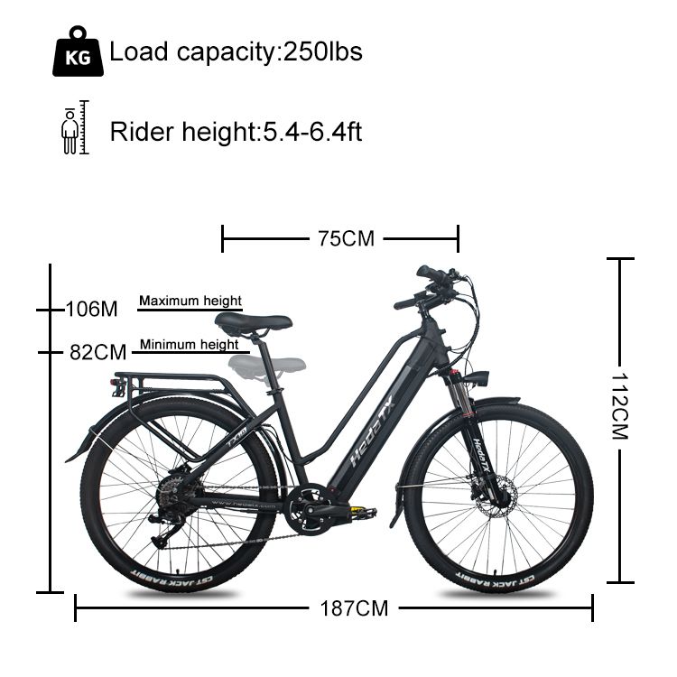 E-bike nero con misure. Altezza massima 112cm, lunghezza 187cm. Capacità di carico 250lbs. Adatto a ciclisti di 5.4-6.4ft.