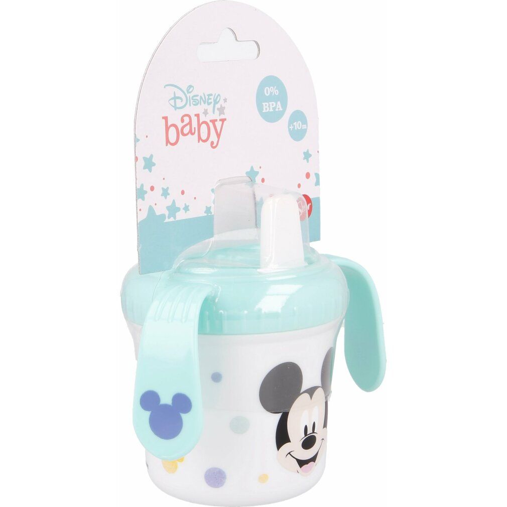 Tazza con orecchie e motivo Mickey Mouse. Coperchio e manici azzurri. Confezione con logo Disney Baby.