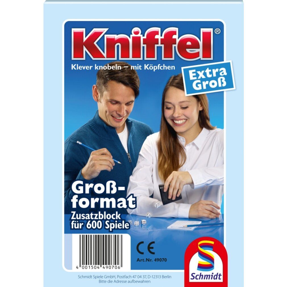 Blocco aggiuntivo per 600 giochi. Formato grande. Logo Kniffel. Extra Grande. Marchio CE. Logo Schmidt. Due persone giocano.