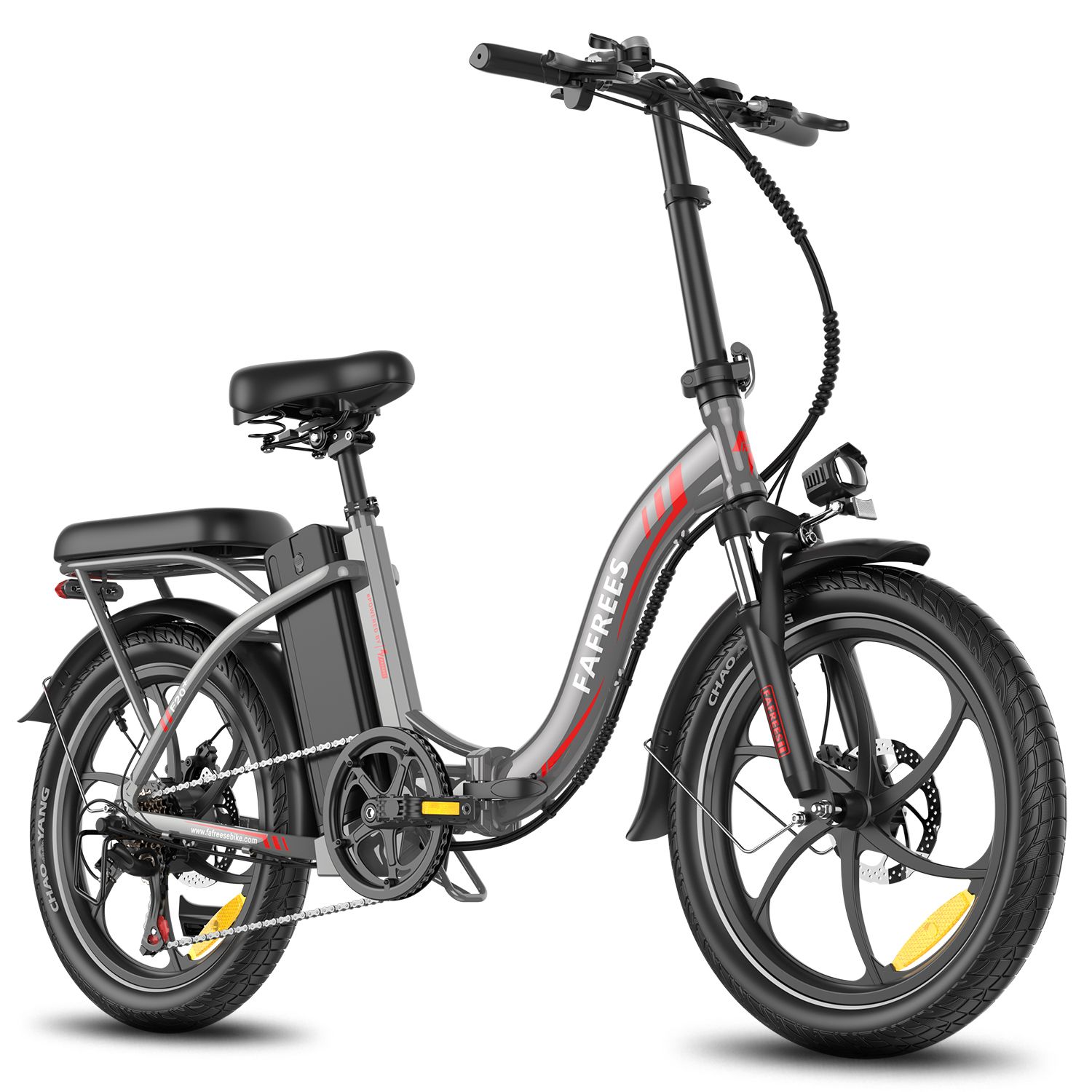 Bicicletta elettrica Fafrees F20+, vista frontale. Telaio grigio, pneumatici, sella e portapacchi neri. Striscia rossa.