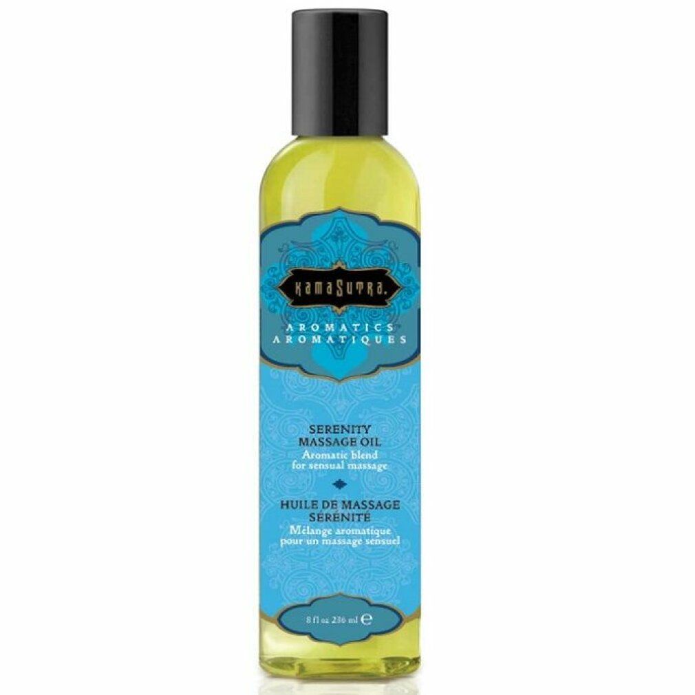 Flacone di liquido con tappo nero. Scritta: Kama Sutra Aromatics, Serenity Massage Oil, 8 fl oz.