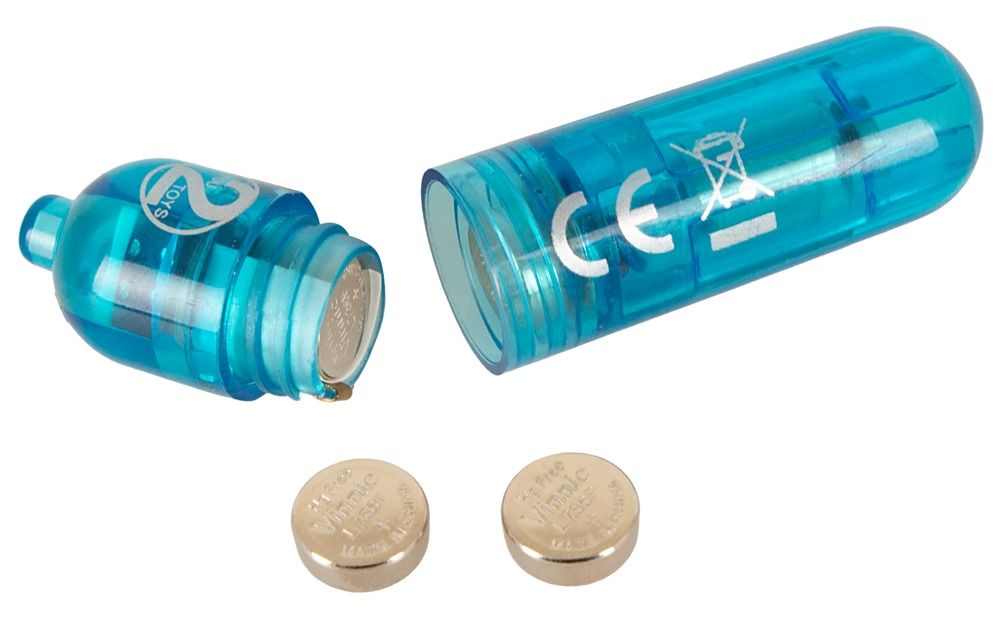 Modulo vibrante blu aperto, mostra le batterie. Logo e marchio CE visibili.