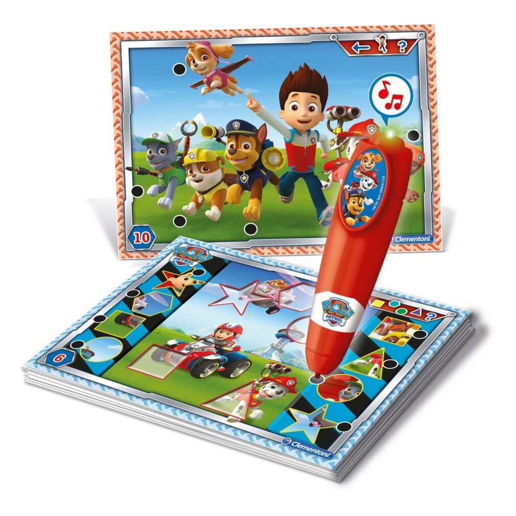 Gioco educativo con tema Paw Patrol. Penna rossa su schede. Scritte: Clementoni, Paw Patrol.