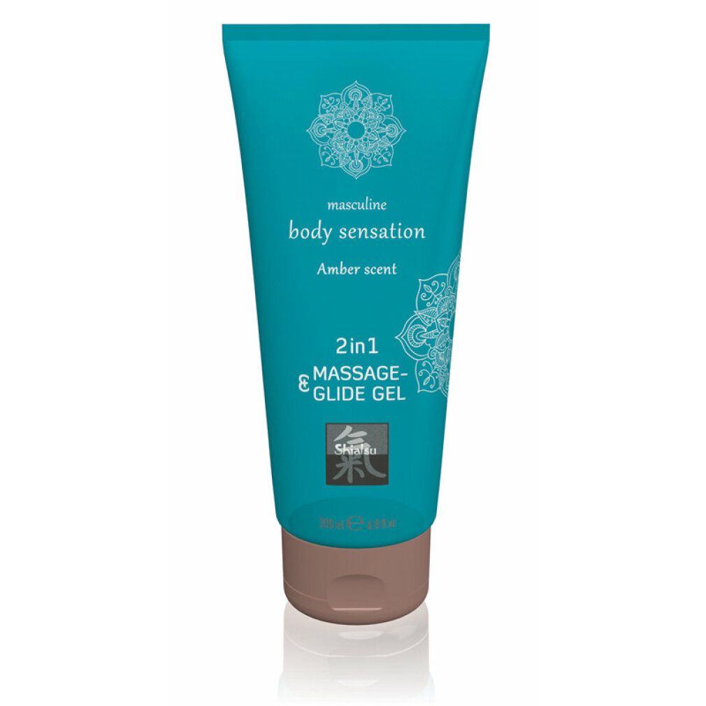 Tubo turchese con tappo marrone. Scritta: body sensation, Amber scent, 2in1 Massage- & Glide Gel.