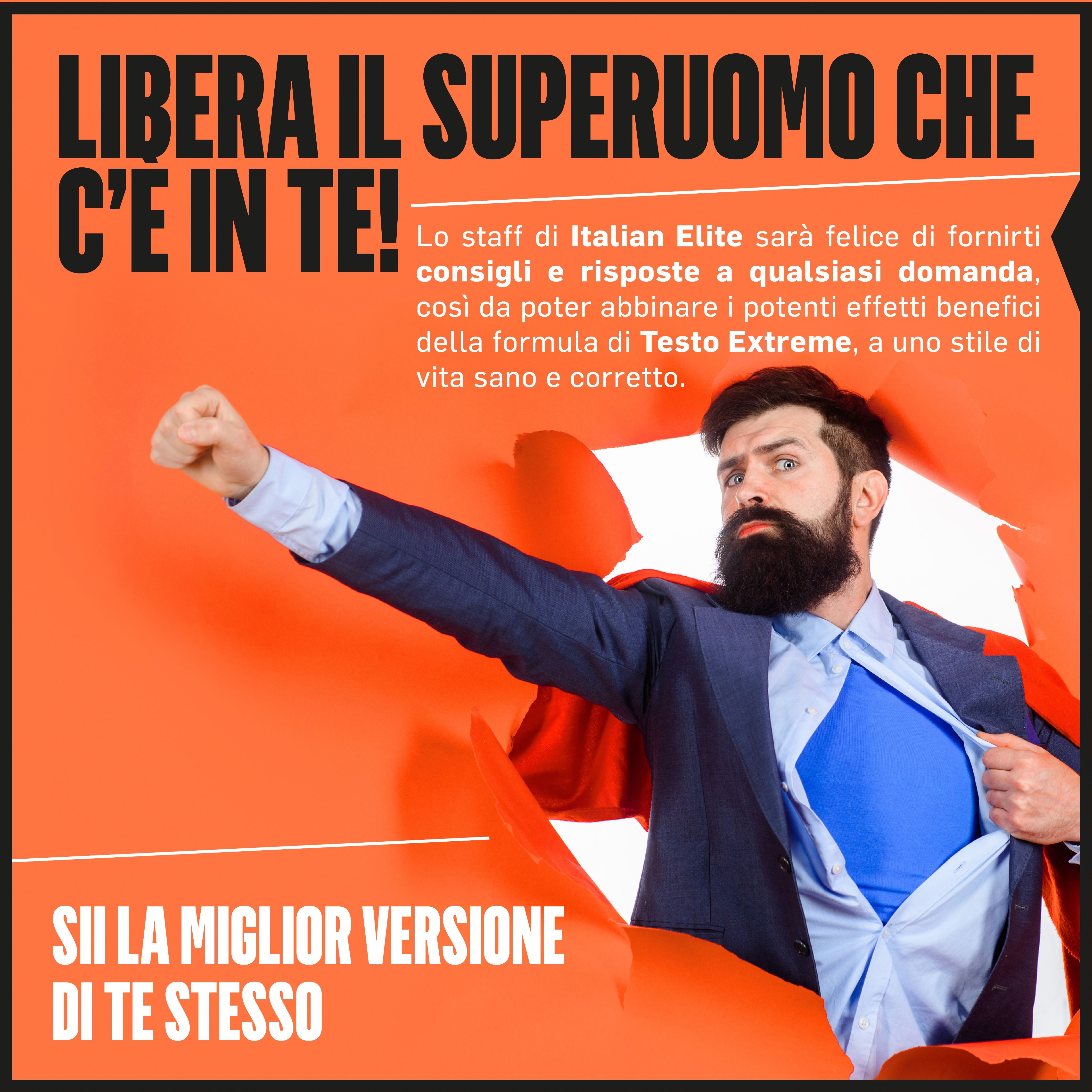 Uomo si strappa la camicia, indossa un costume da supereroe. Testo: Sii la migliore versione di te stesso. Nome del prodotto non visibile.