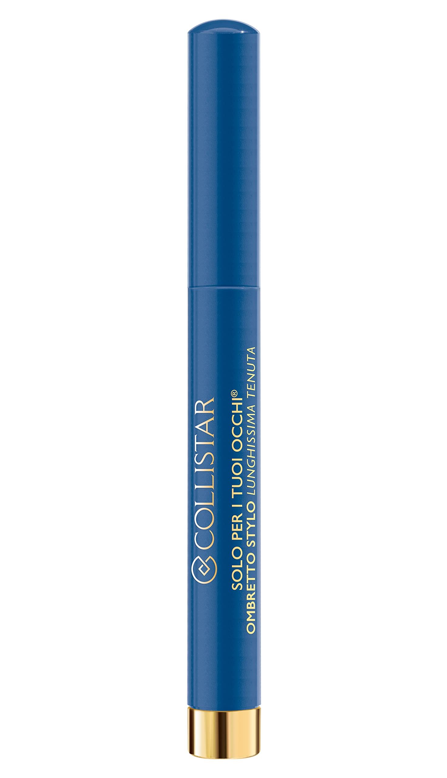 Matita ombretto blu Collistar. Base dorata. Scritta: SOLO PER I TUOI OCCHI® OMBRETTO STYLO LUNGHISSIMA TENUTA.