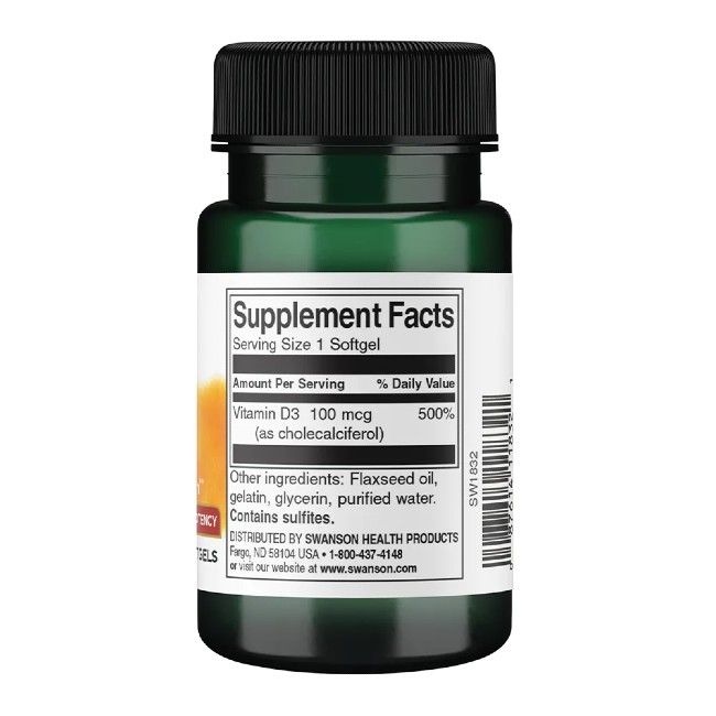 Retro del flacone verde. Scritta: Supplement Facts. Vitamina D3 100 mcg. Contiene solfiti.