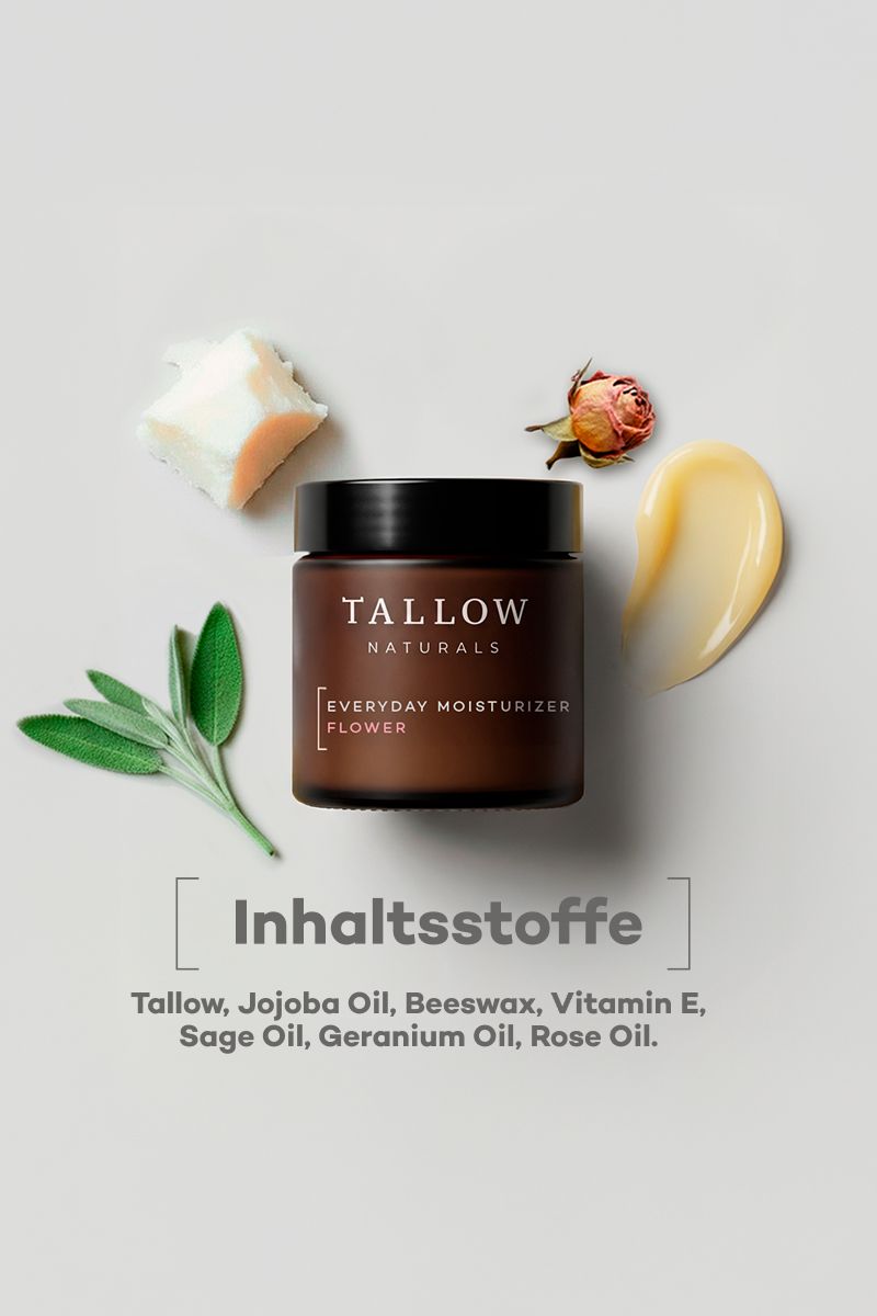 Vasetto con scritta Tallow Naturals, Everyday Moisturizer Flower. Circondato da ingredienti: salvia, rosa, olio, ecc.