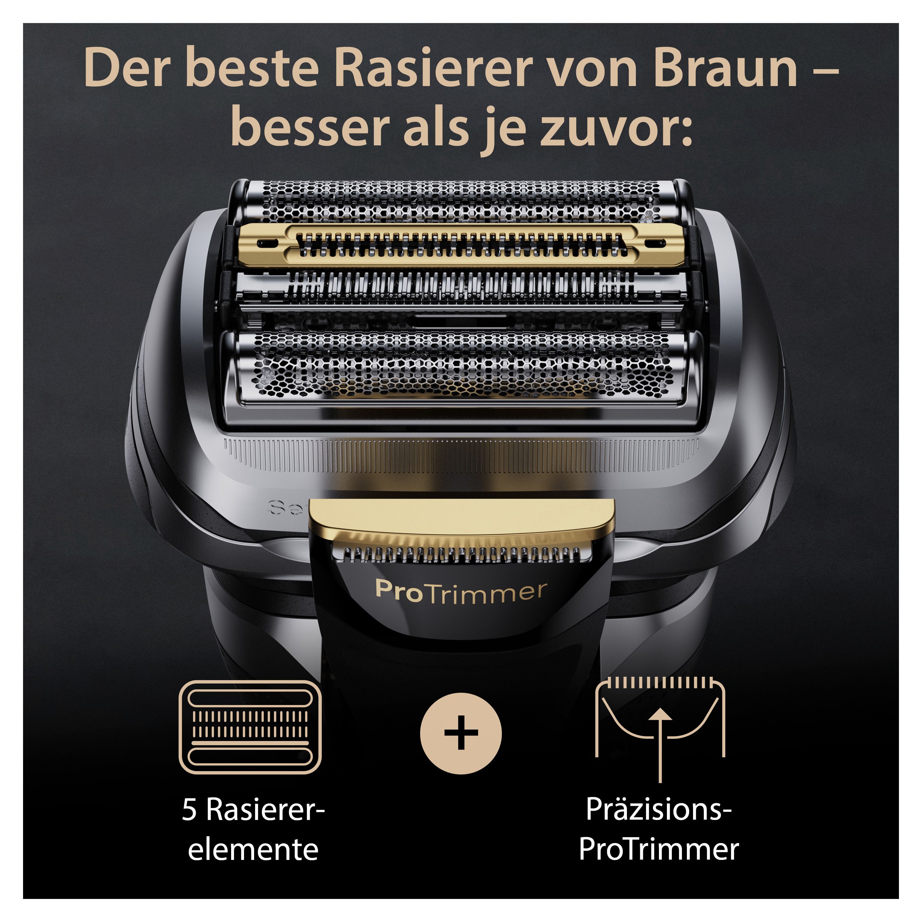 Primo piano della testina del rasoio con 5 elementi di taglio e ProTrimmer. Marchio: Braun.