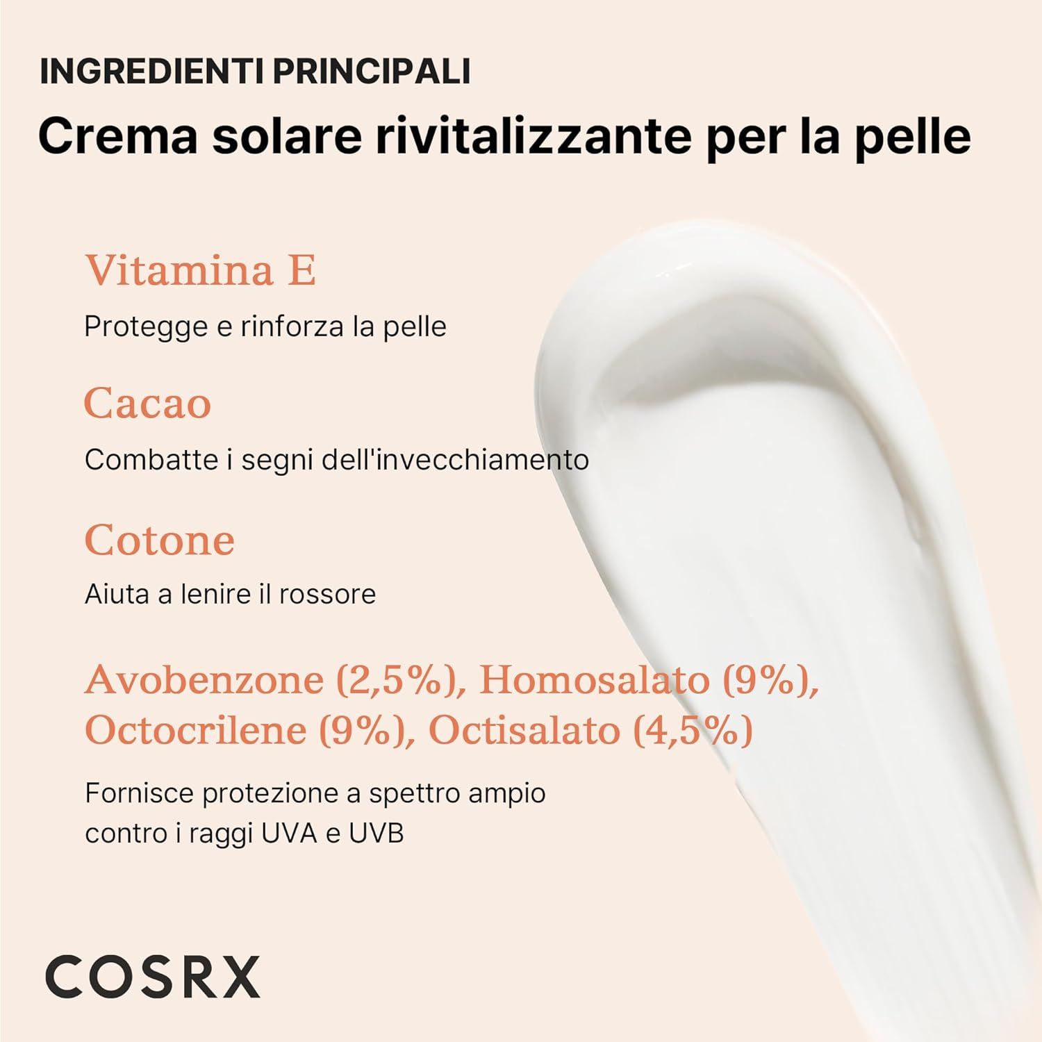 Testo: Ingredienti principali. Vitamin E, Cacao, Cotton, Avobenzone, Homosalate, Octocrylene, Octisalate. COSRX.