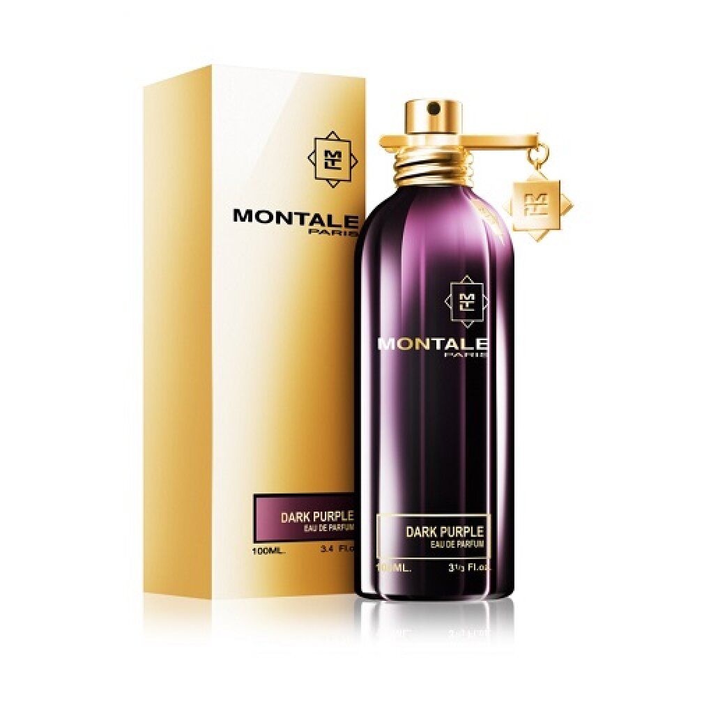 Flacone viola scuro e confezione dorata. Scritta MONTALE PARIS e DARK PURPLE. 3 Fl.oz. Confezione accanto.