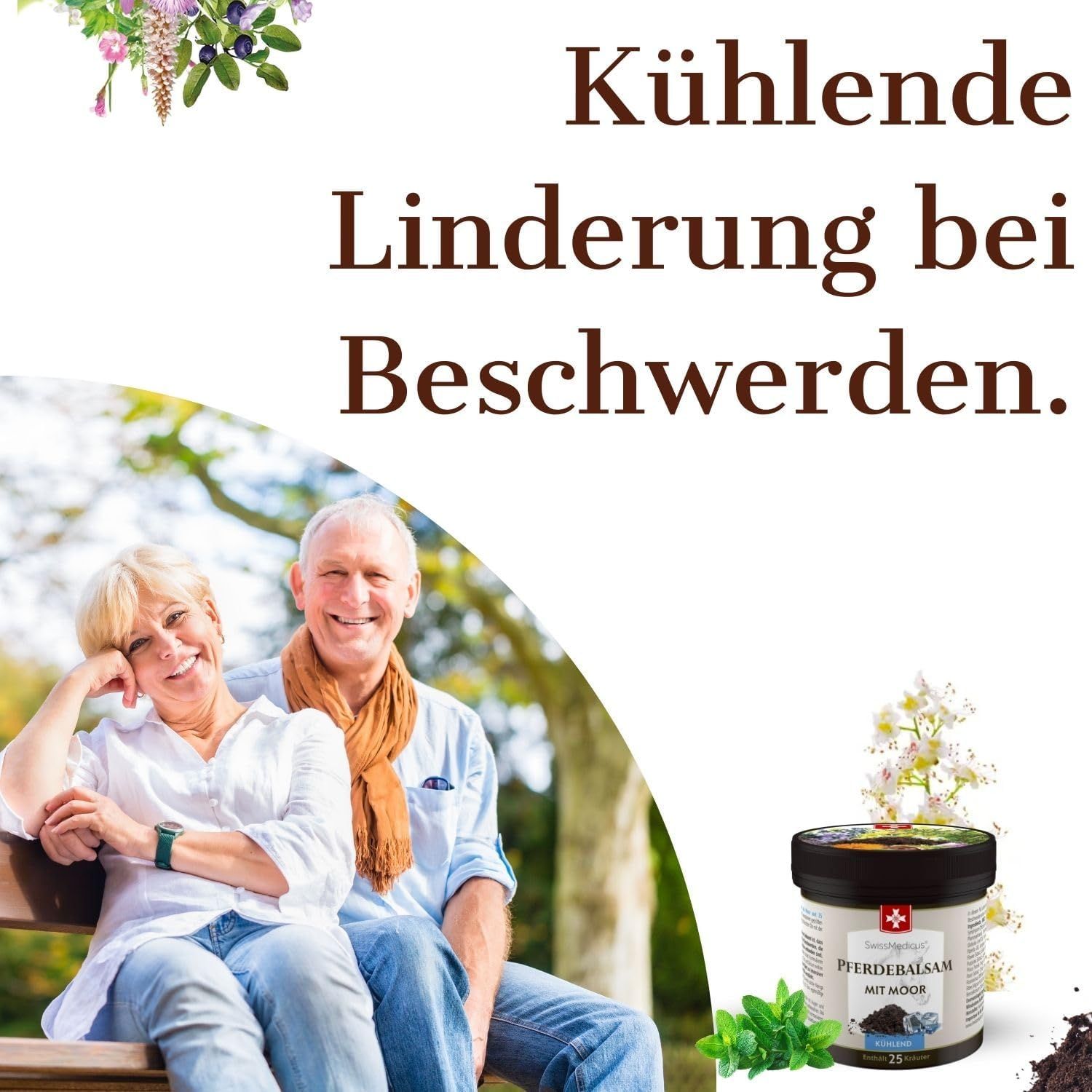 Barattolo del prodotto, accanto coppia di anziani su una panchina. Testo: Sollievo rinfrescante in caso di disturbi.