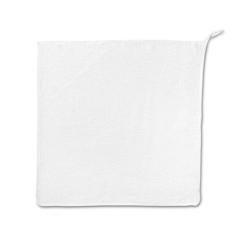 Panno quadrato bianco in microfibra con anello. Superficie strutturata. Sfondo bianco.