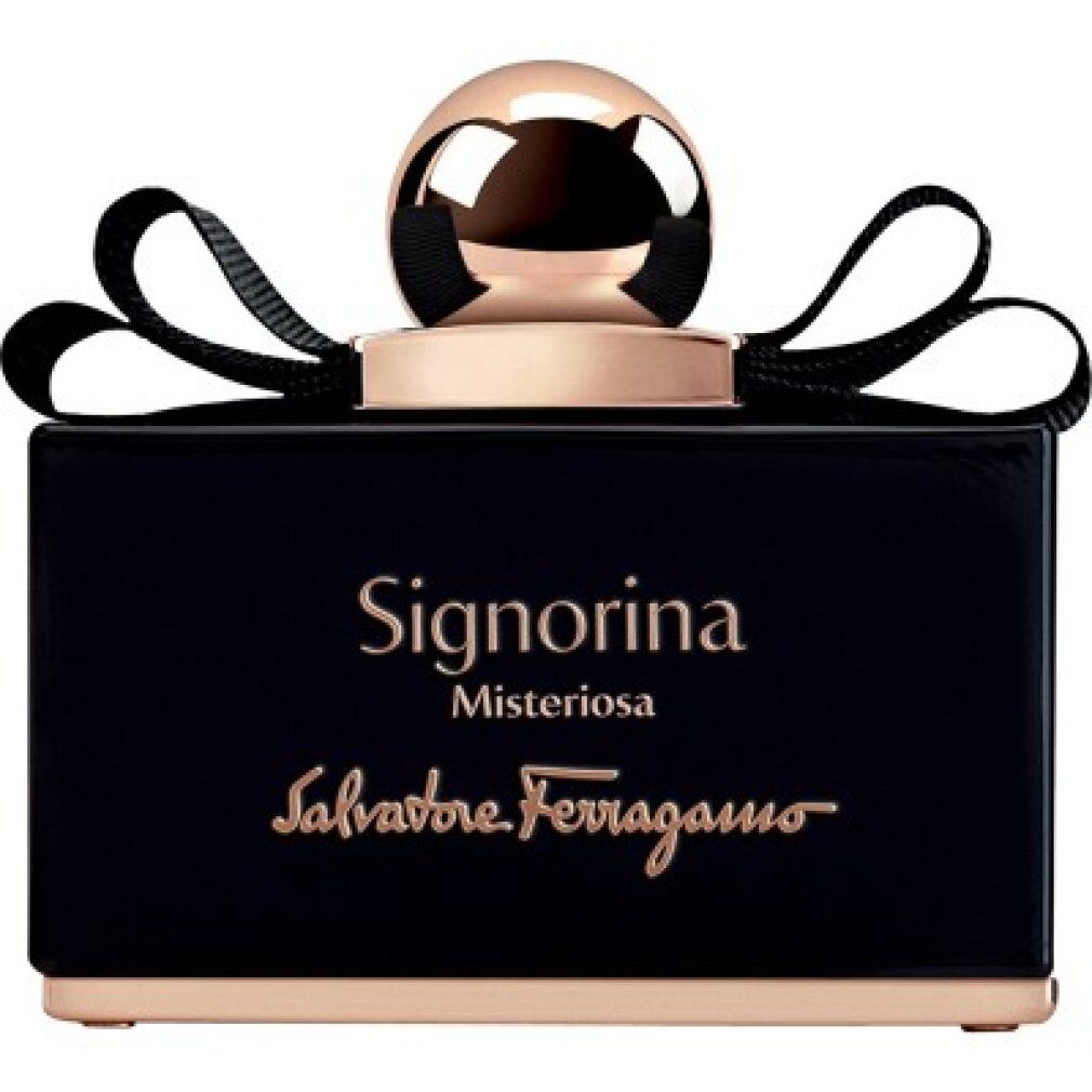 Flacone nero Salvatore Ferragamo Signorina Misteriosa Eau de Parfum con fiocco e tappo dorato.