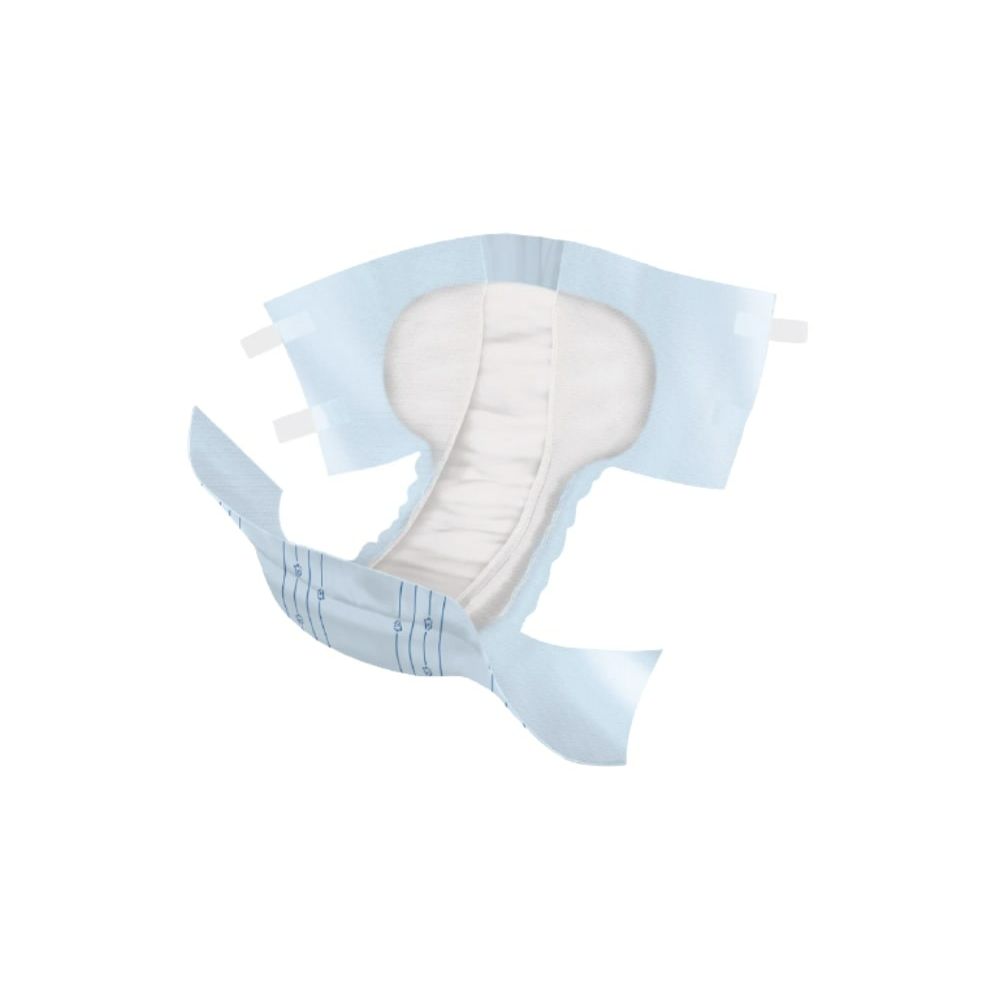 MoliCare Slip. Pannolino aperto con esterno blu e interno bianco. Chiusure in velcro. Vista dall'alto.