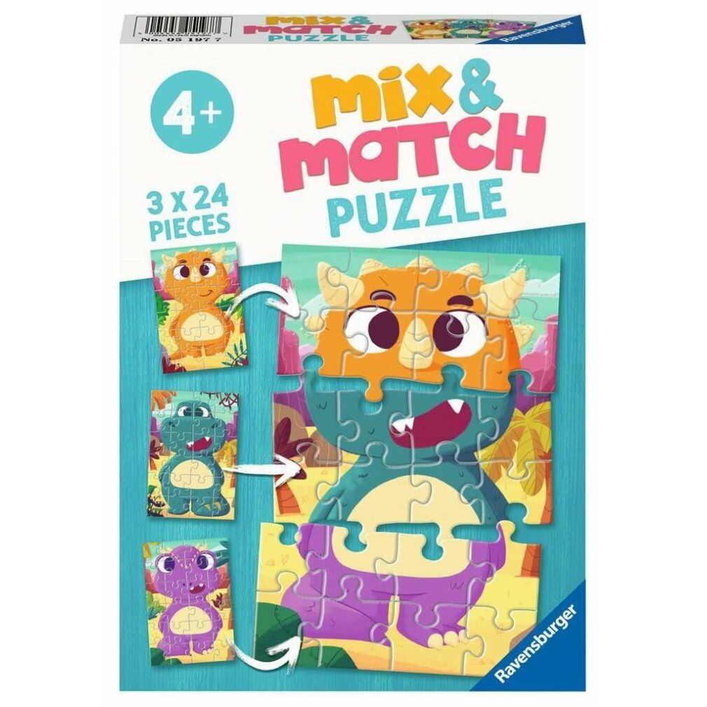 Puzzle Mix&Match: Simpatici dinosauri. 3x24 pezzi. Confezione con motivi di puzzle di dinosauri. Età: 4+