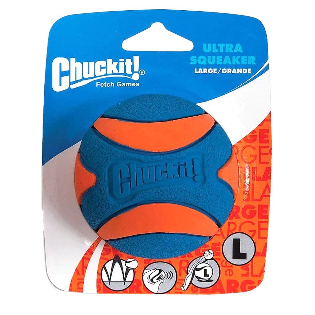 Palla blu e arancione in blister. Scritta: Ultra Squeaker, taglia L. Marchio: Chuckit!