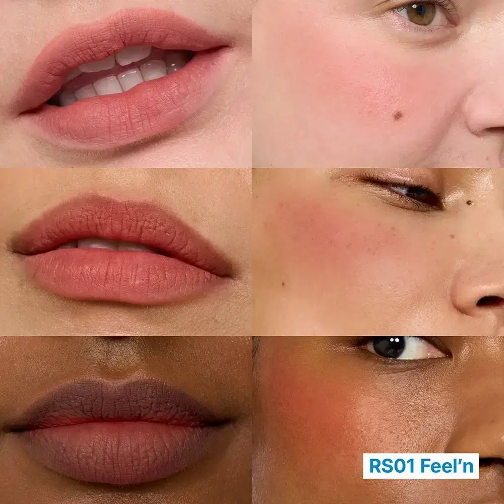 Diversi volti con labbra e guance in diverse tonalità di pelle. RS01 Feel'n. Colori labbra vari.