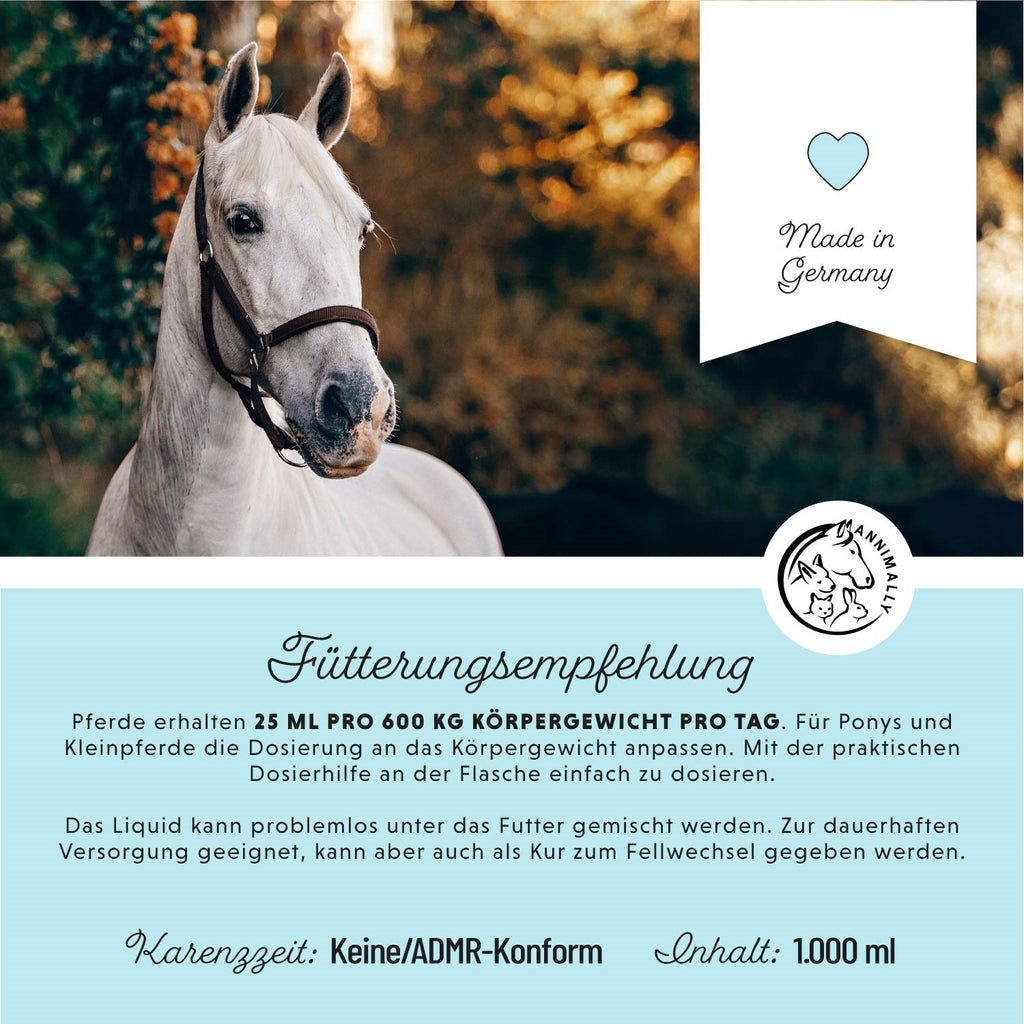 Raccomandazioni per l'alimentazione dei cavalli. 25 ml per 600 kg di peso corporeo. Contenuto: 1.000 ml. Prodotto in Germania. Logo con cavallo.