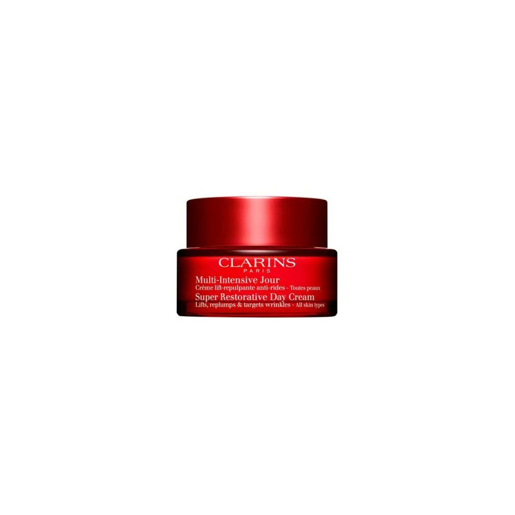 Vaso rosso con coperchio. Scritta: CLARINS PARIS, Multi-Intensive Jour, Super Restorative Day Cream.