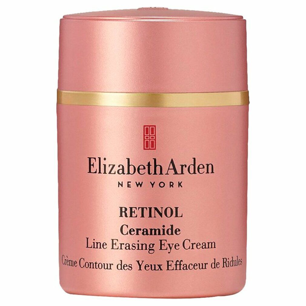 Vaso cosmetico rosa con anello dorato. Testo: Elizabeth Arden, Retinol Ceramide Line Erasing Eye Cream. Nome del prodotto e logo.