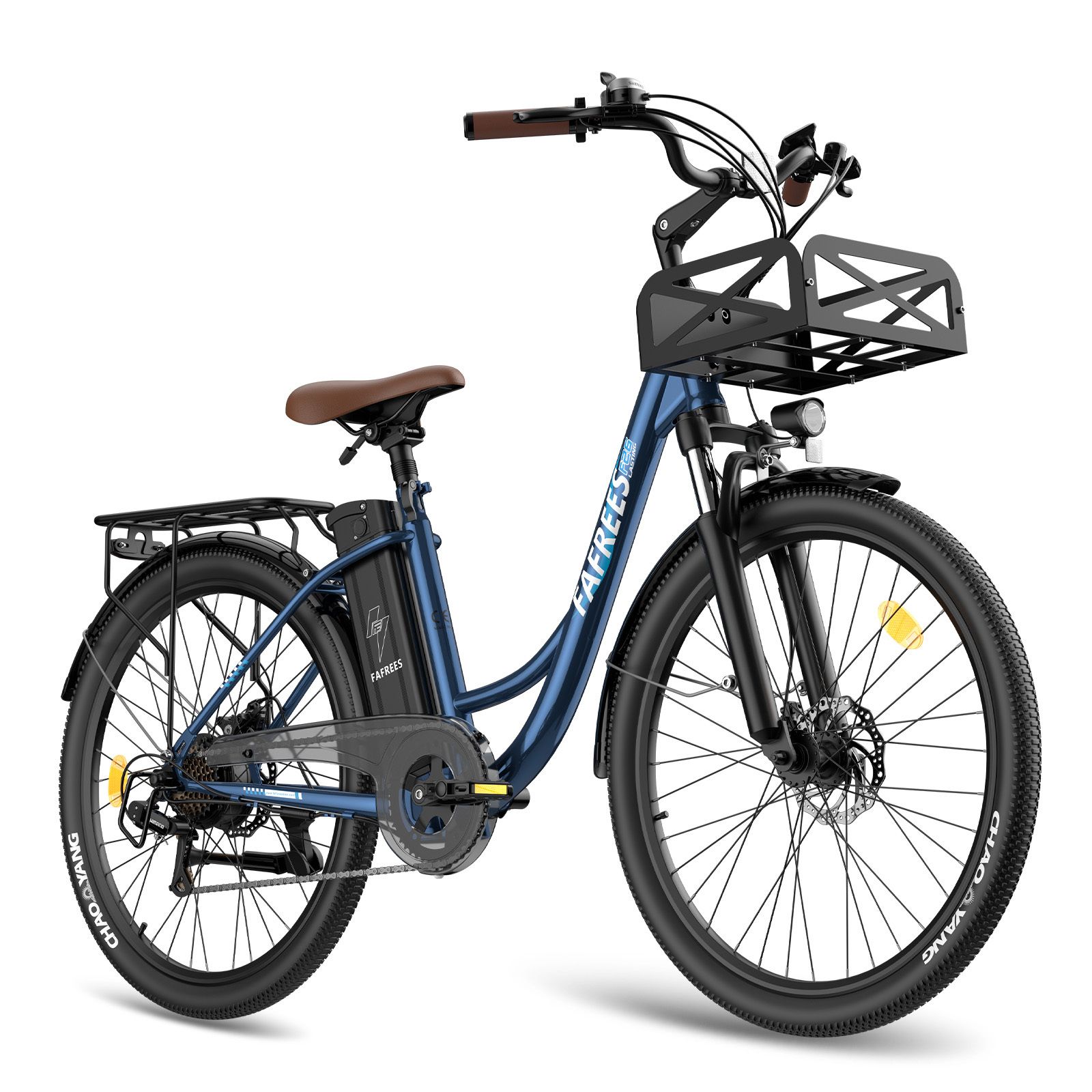 E-bike blu con sella marrone, portapacchi e cestino. Marchio FAFREES.