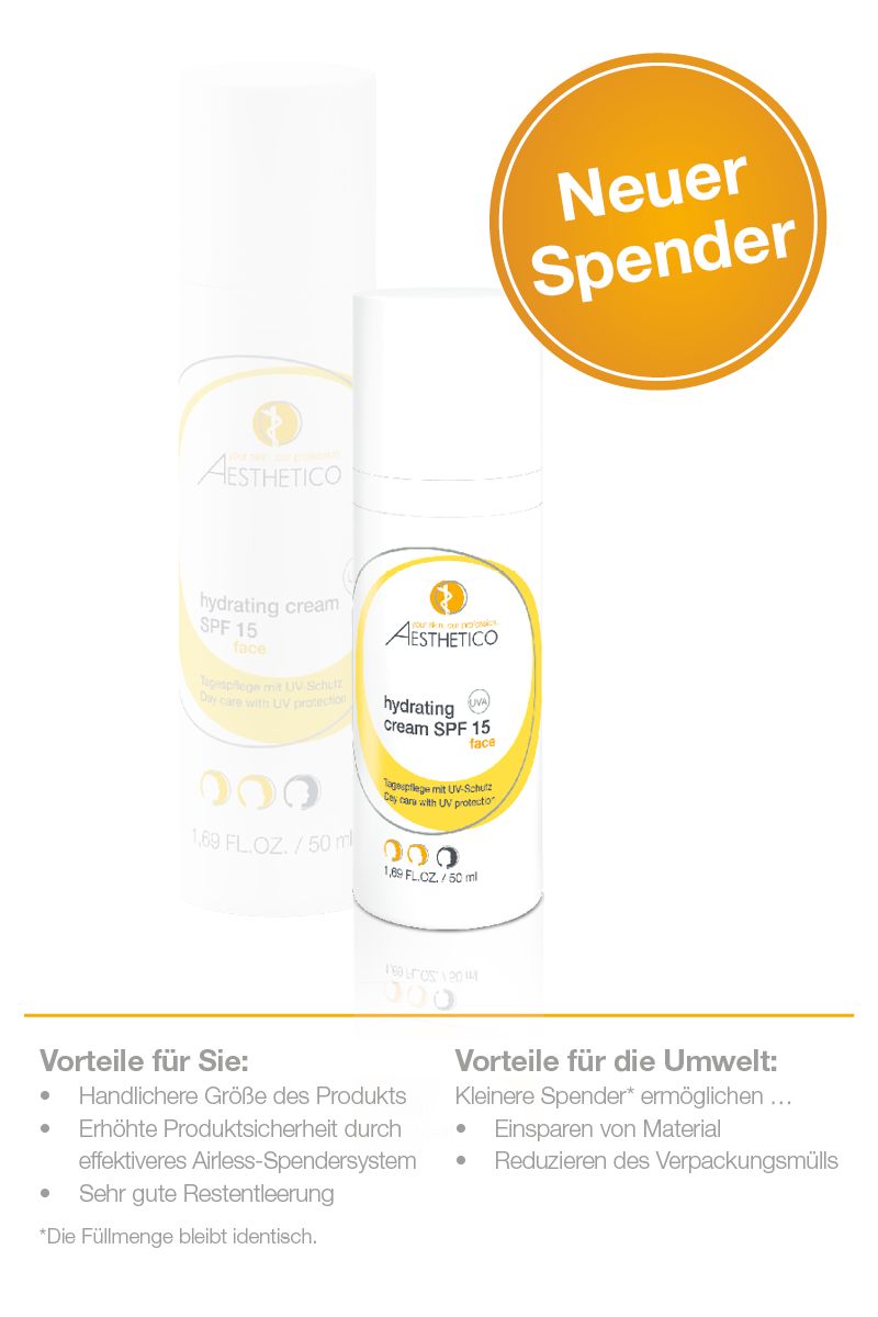 Due flaconi dispenser di crema bianchi. Scritta: Aesthetico hydrating cream SPF 15 face. Adesivo giallo. Adesivo arancione: Nuovo dispenser.