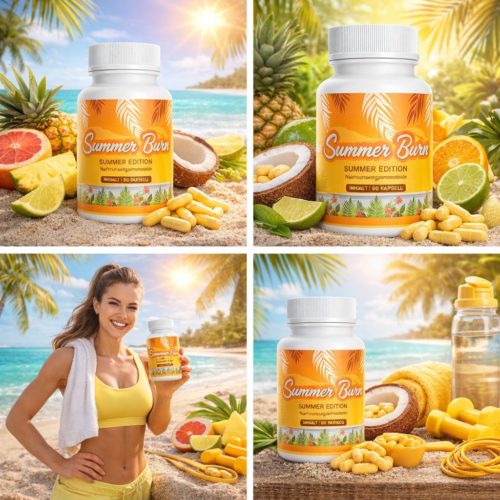 Diverse presentazioni di flaconi bianchi con etichetta gialla. Scritta: Summer Burn, Summer Edition, 60 capsule. Sfondo spiaggia con frutta.
