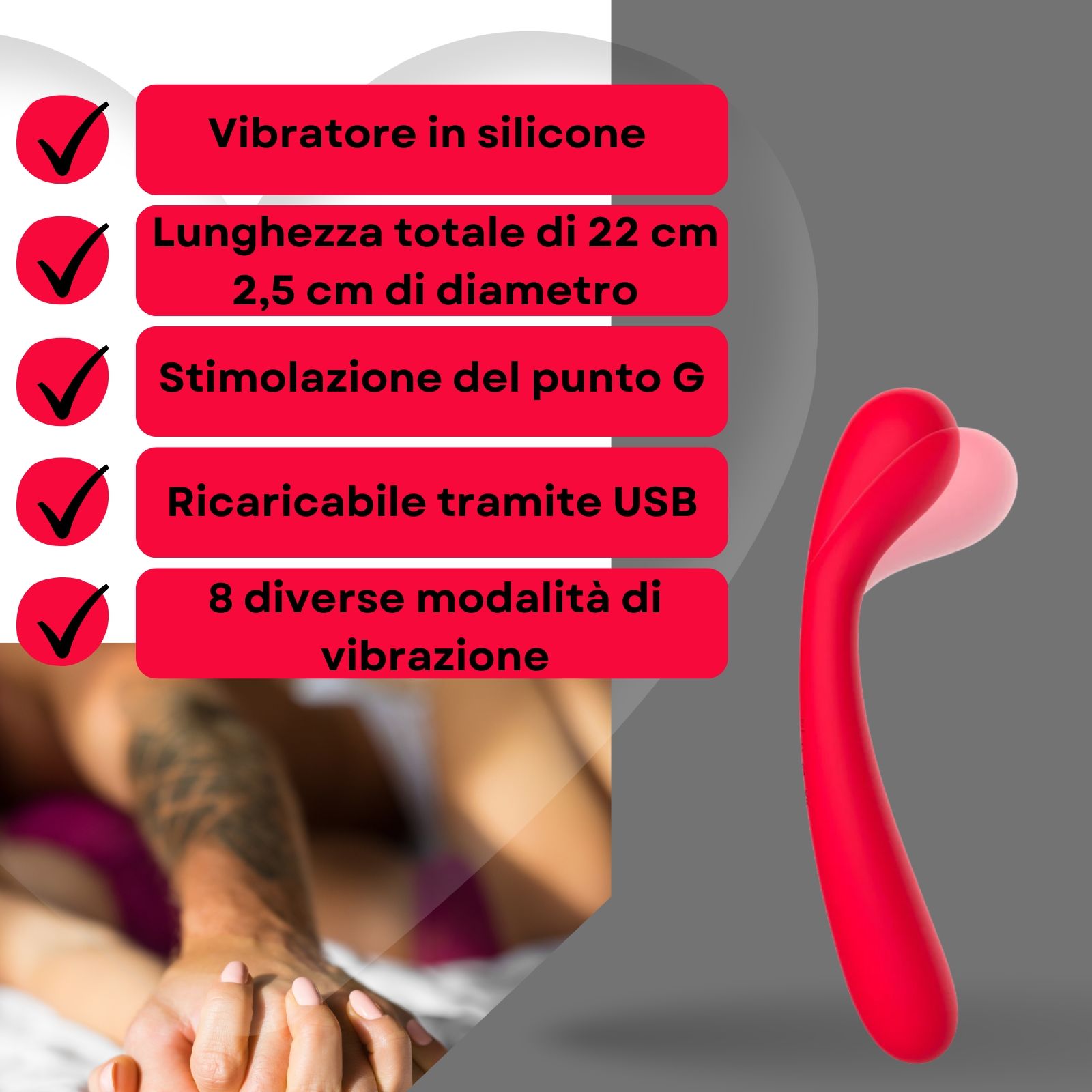 Vibratore rosso. Stimolazione punto G. 22 cm lungo, 2,5 cm diametro. Ricaricabile.