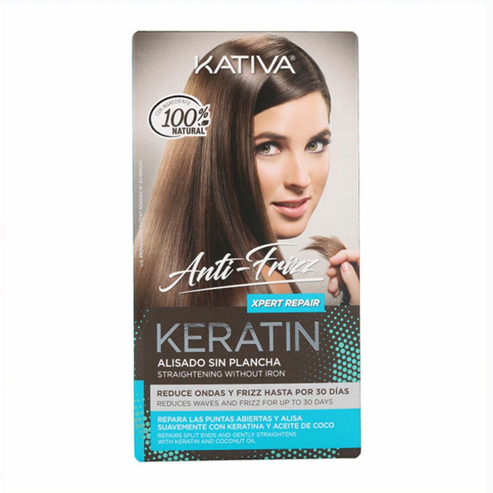 Confezione prodotto con donna con capelli lisci. Testo: "Anti-Frizz", "Keratin", "Straightening without iron".