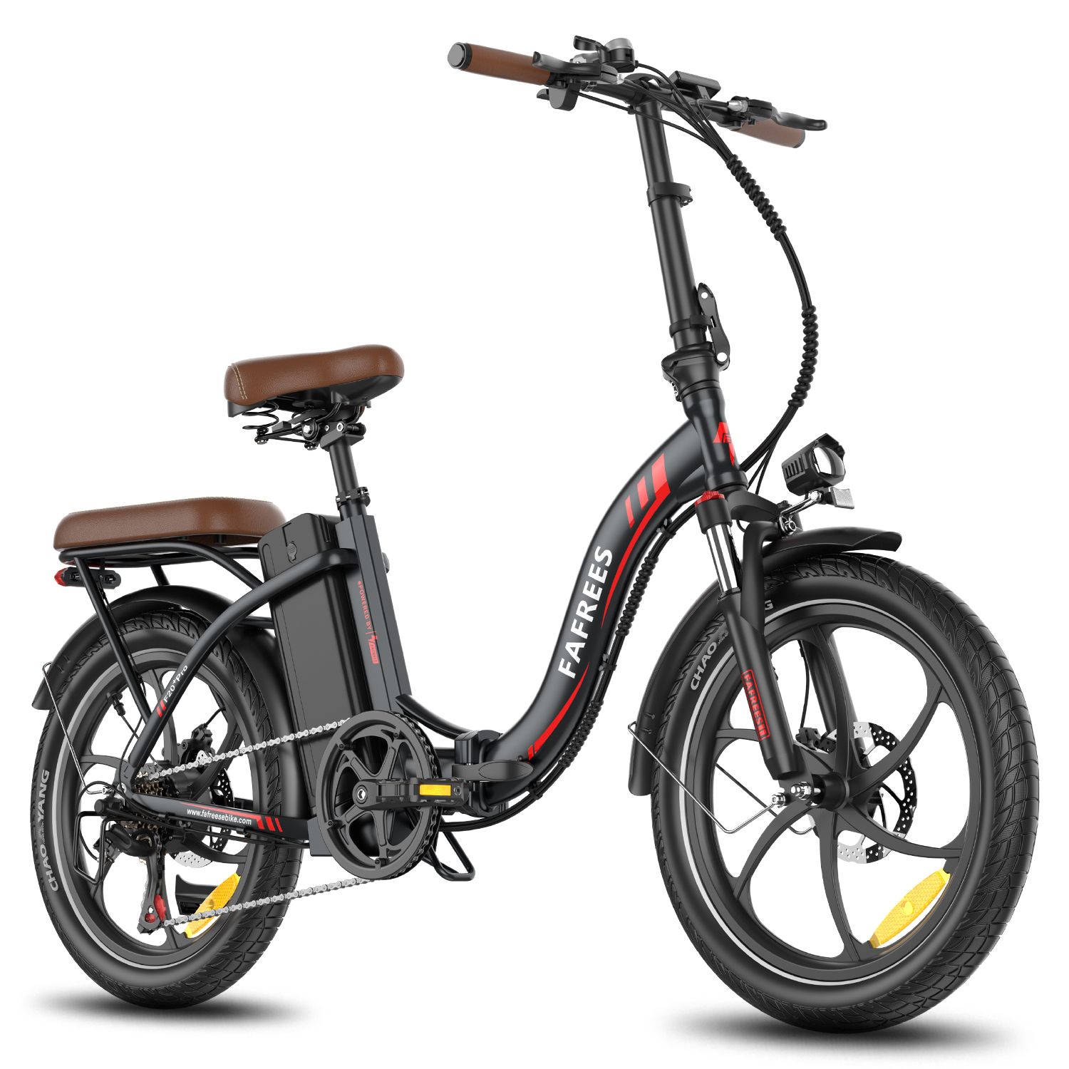 E-bike pieghevole, nero con sella marrone. Marchio Fafrees. Dettagli visibili: ruote, batteria, parafanghi, manubrio.