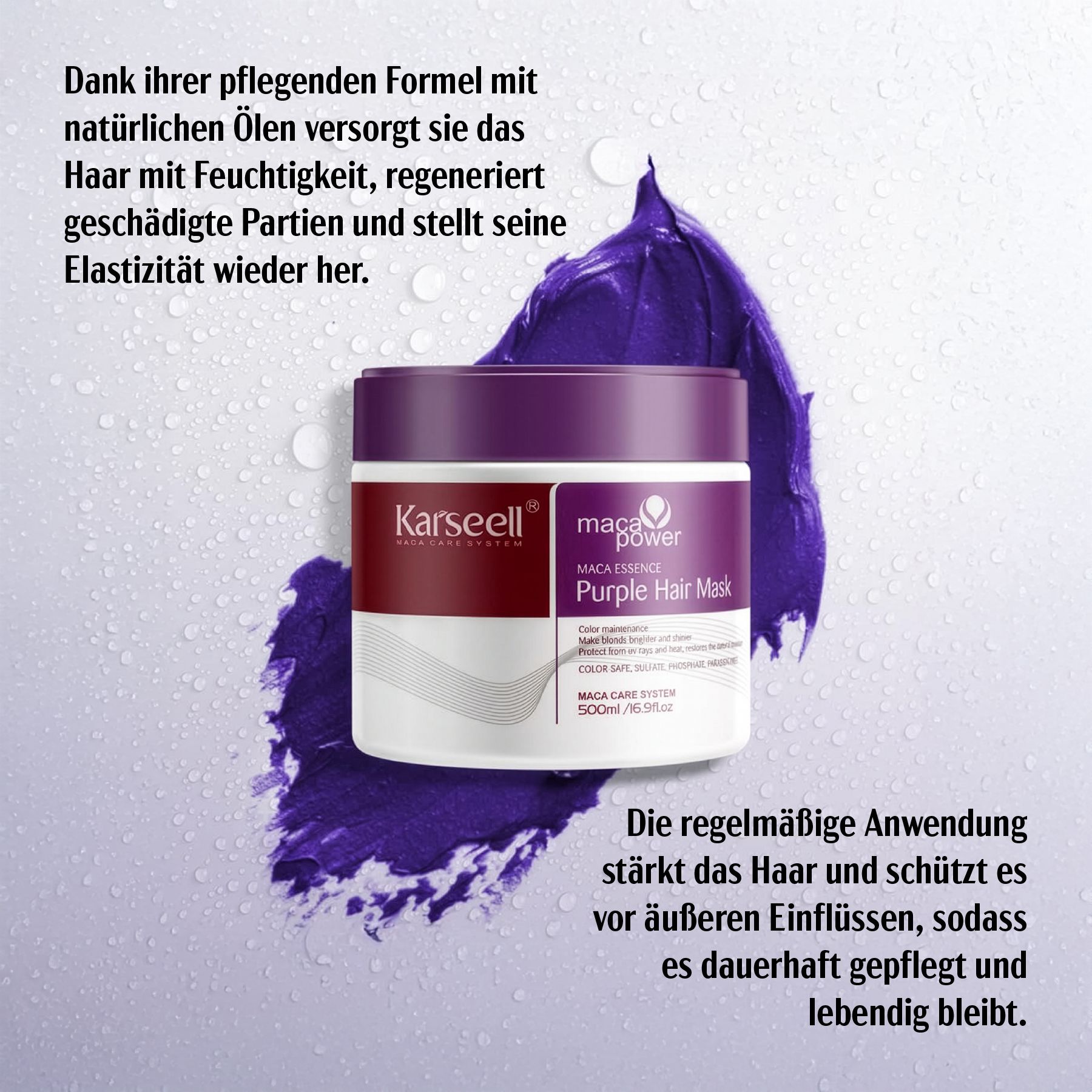 Confezione Karseell Purple Hair Mask. Macchia viola. Testo su idratazione e rigenerazione.