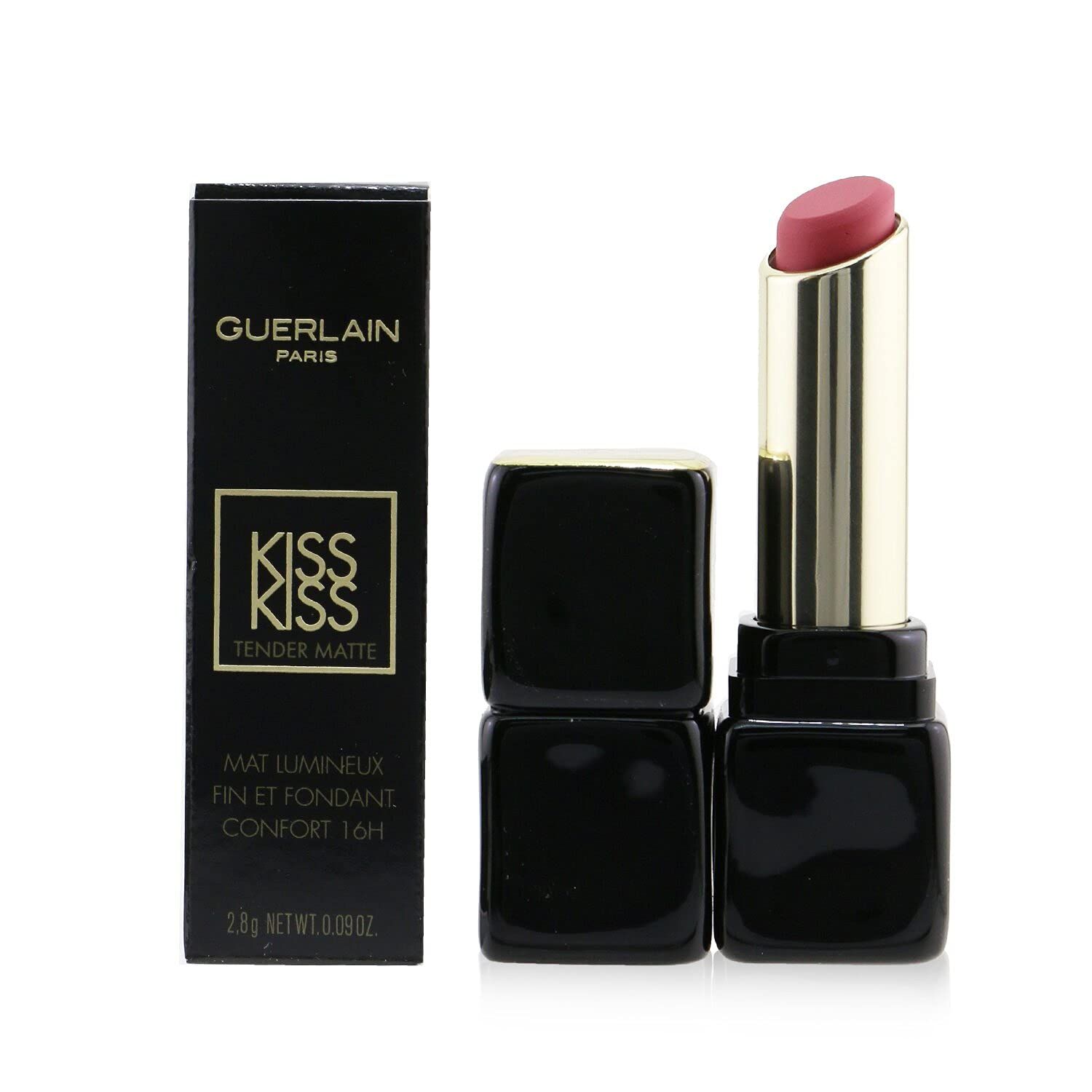 Rossetto con astuccio nero e oro. Confezione con testo: Guerlain Paris, KissKiss Tender Matte.