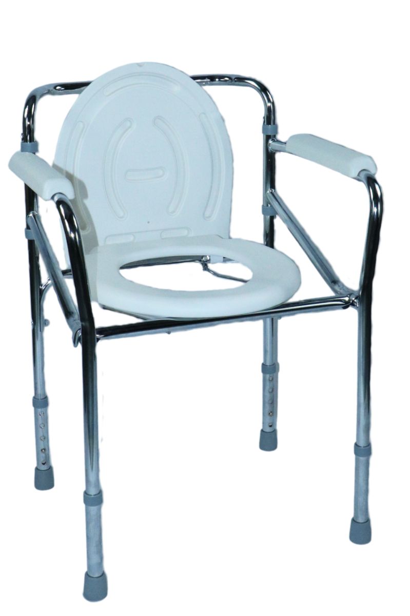 Sedia da toilette con sedile bianco, braccioli e gambe regolabili. Struttura in metallo.