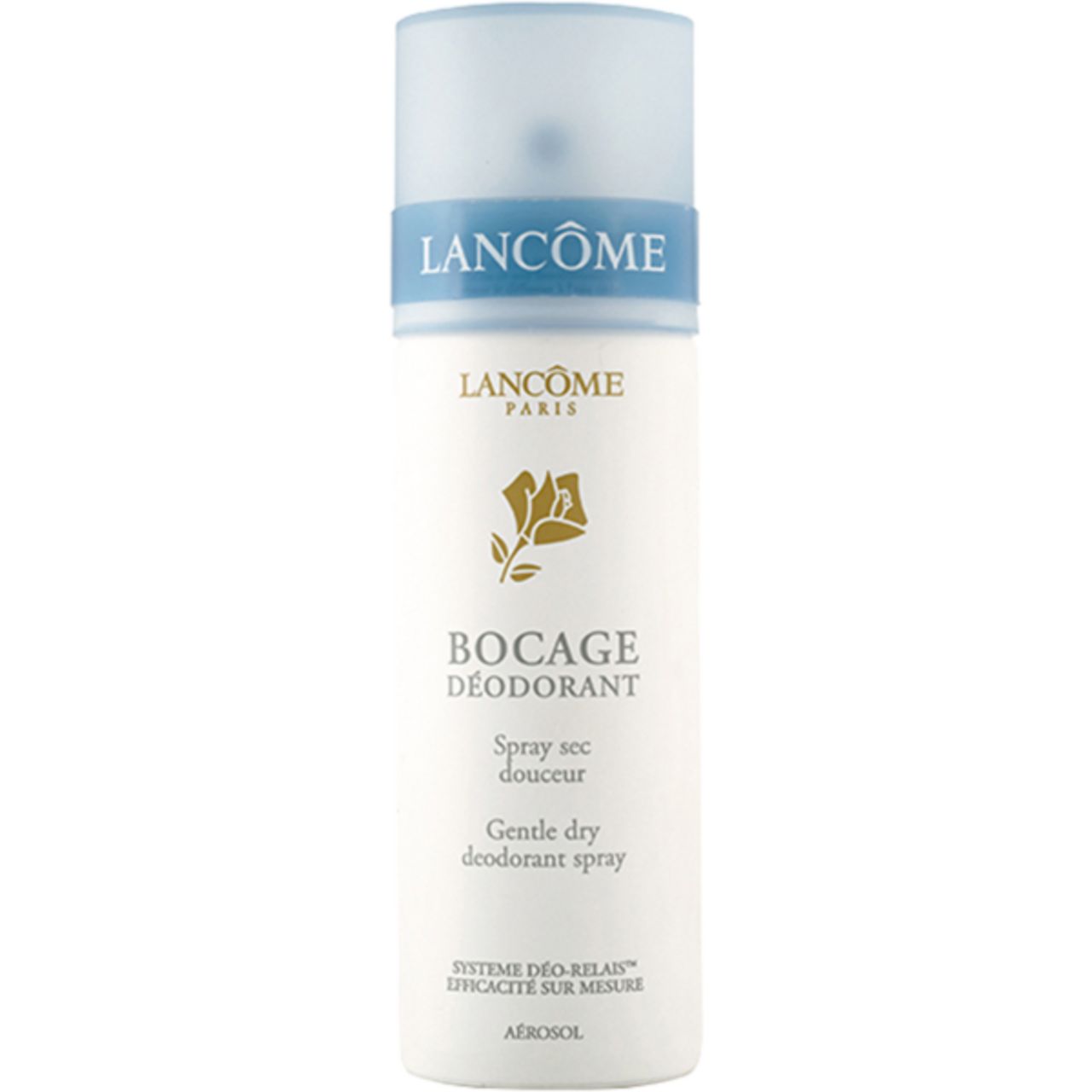 Spray deodorante Lancôme. Flacone bianco con tappo blu e scritta. Nome del prodotto e logo ben visibili.