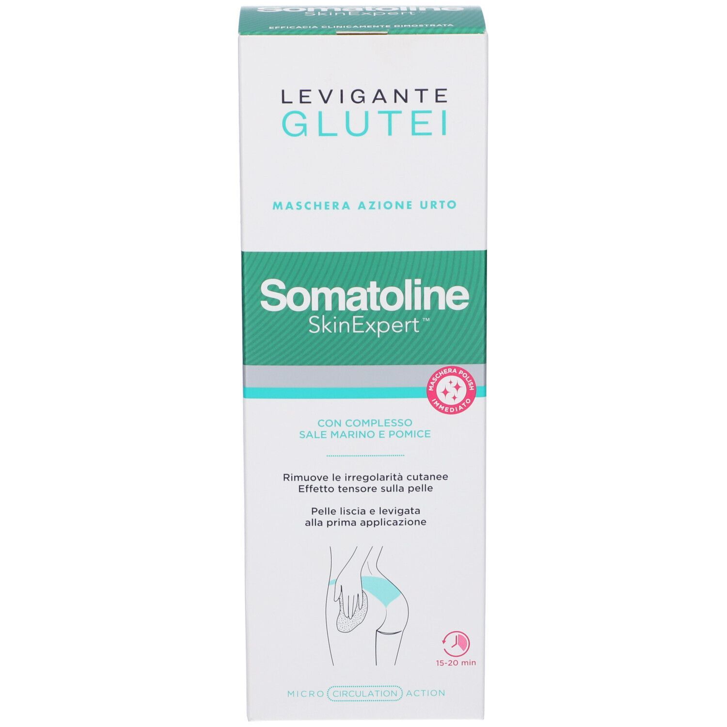 Confezione bianca con accenti turchesi. Scritta: Somatoline SkinExpert Maschera Levigante Glutei. Contiene sale marino e pomice. Illustrazione di un gluteo.