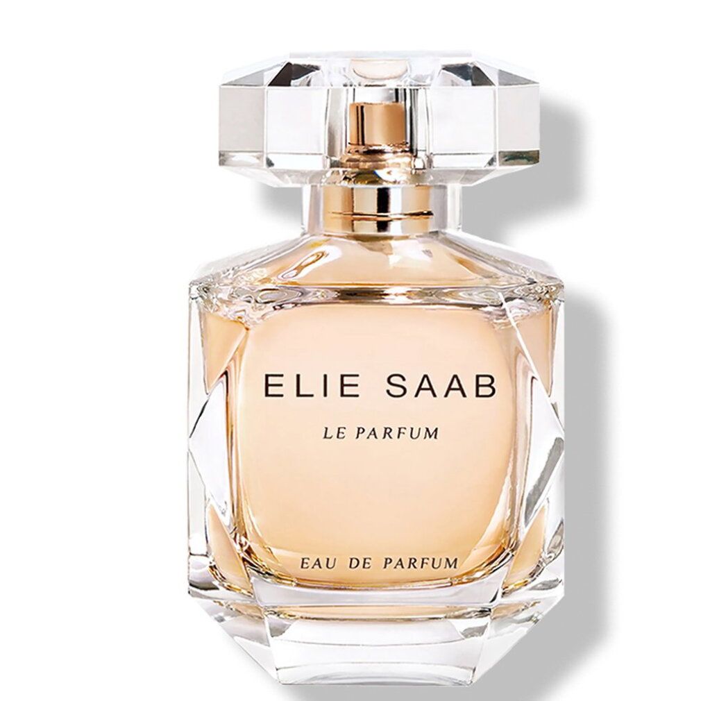 Flacone di profumo Elie Saab Le Parfum Eau de Parfum in vetro sfaccettato con tappo dorato.