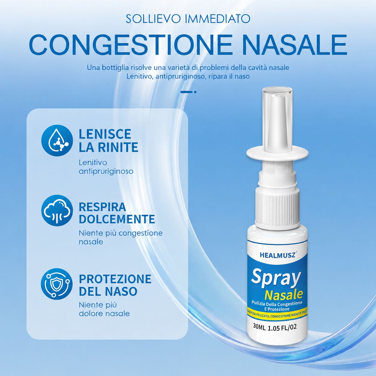 Flacone di spray nasale. Contenitore bianco con etichetta blu. Etichetta: Healmusz Nasal Spray. 30 ml.