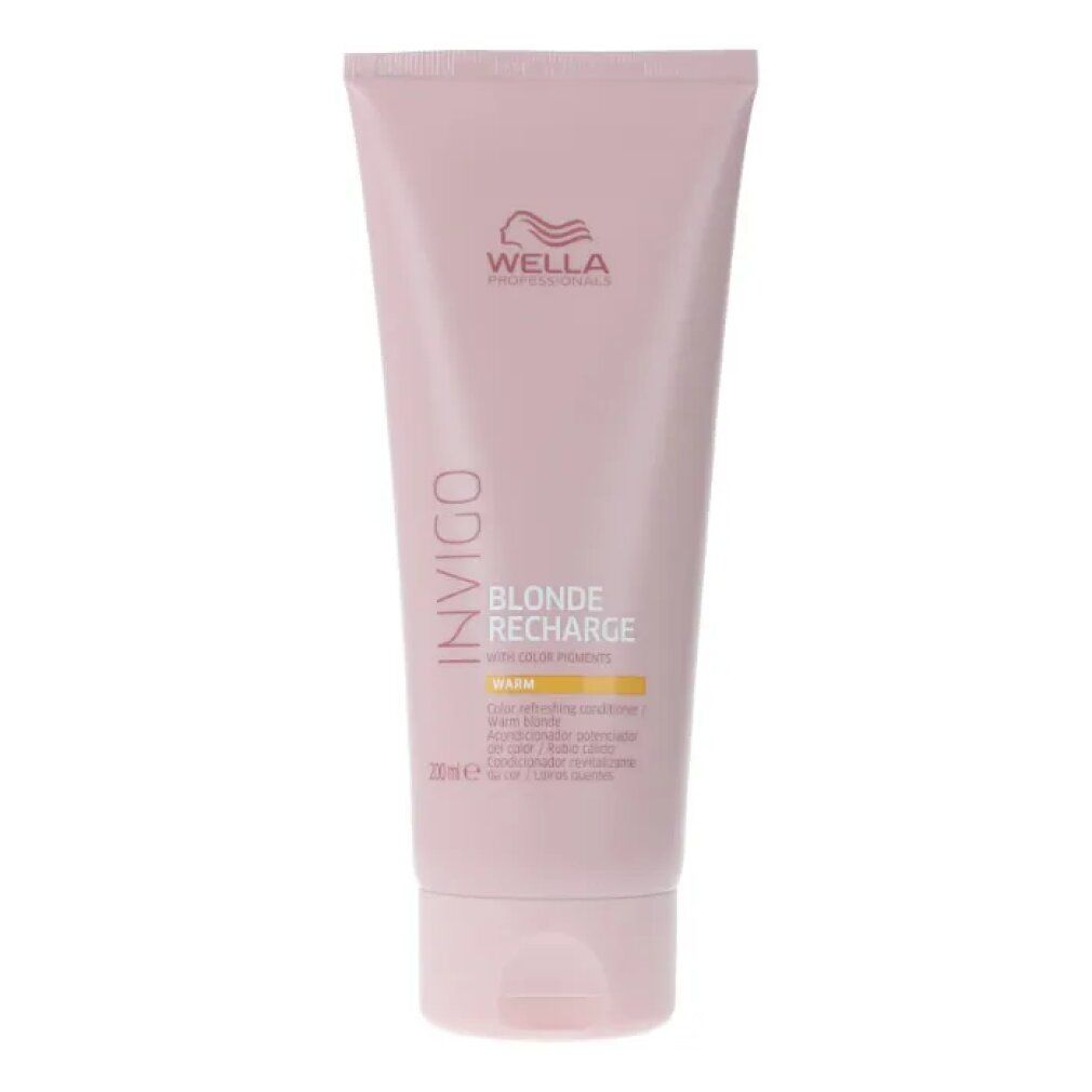 Tubo rosa Wella Invigo Blonde Recharge. Testo: Warm, 200ml.
