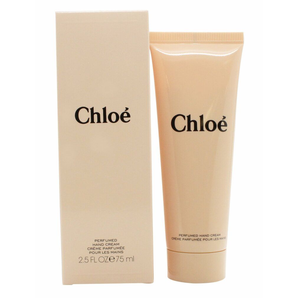 Scatola e tubo beige. "Chloe" sulla scatola e sul tubo. "PERFUMED HAND CREAM" sulla scatola.