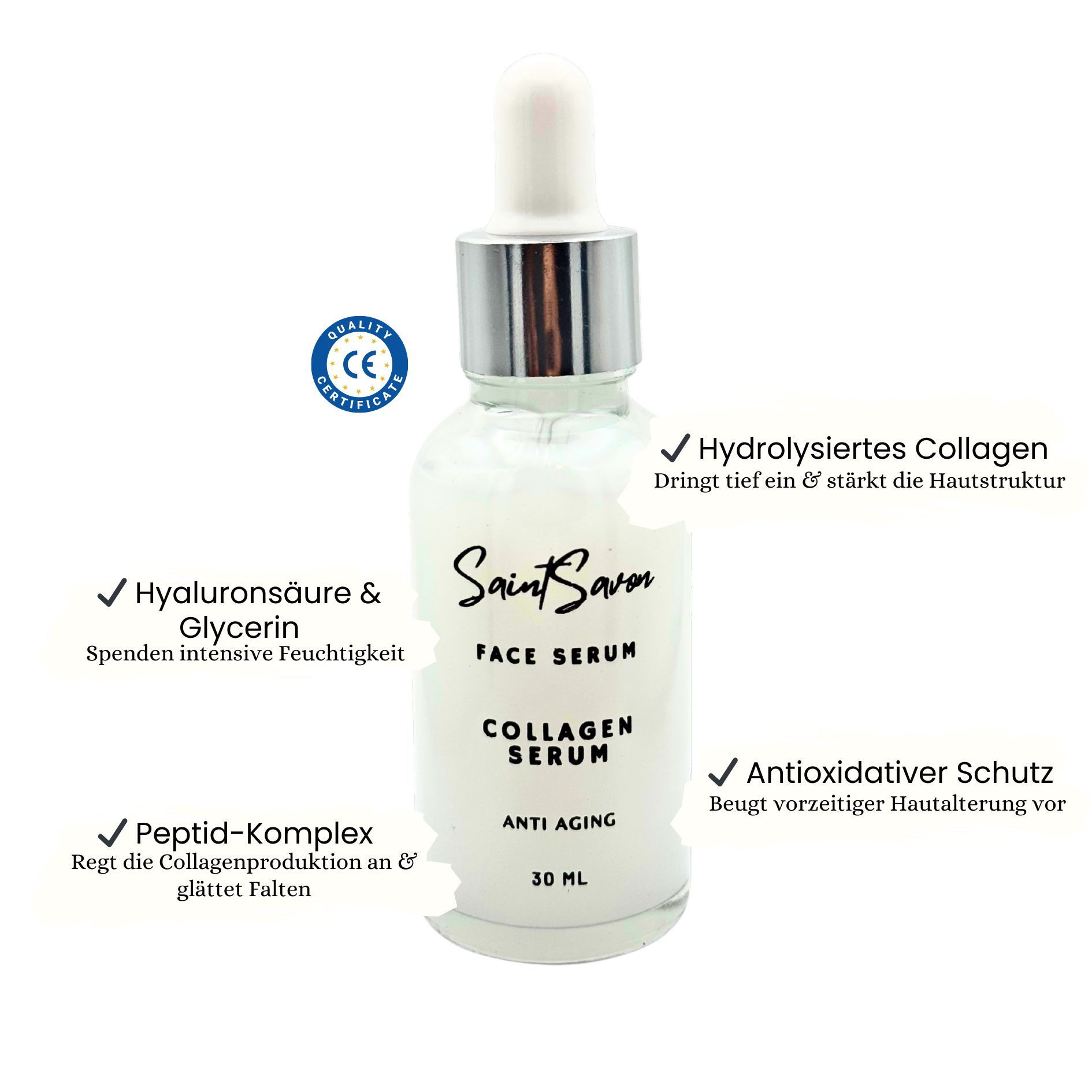Flacone in vetro con siero bianco, pipetta argentata, scritta Saint Savon, Face Serum, Collagen Serum, Anti Aging, 30 ml. Con certificazione.