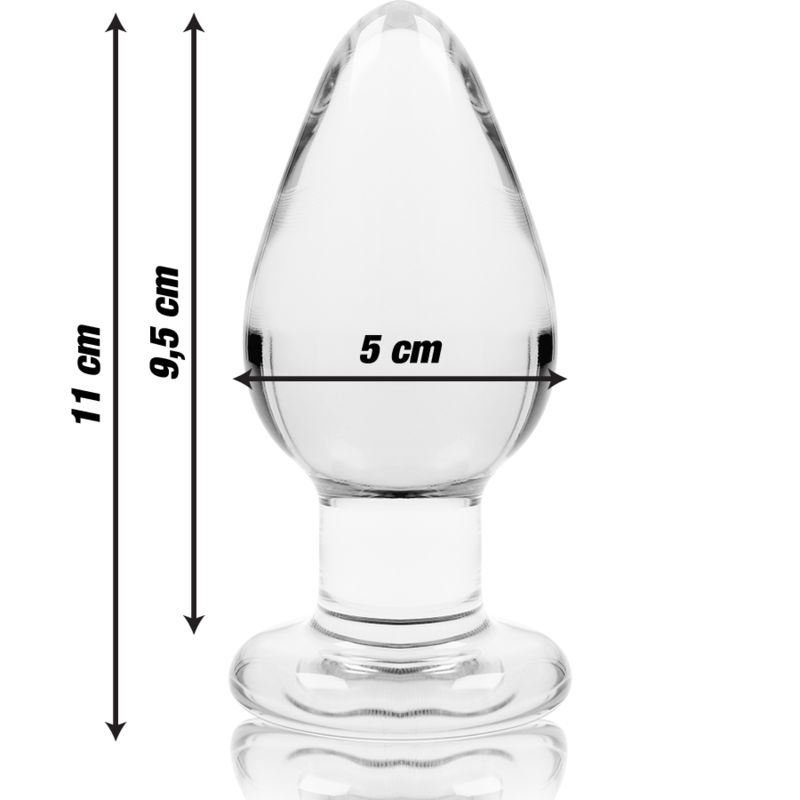 Plug anale in vetro trasparente. Dimensioni: Lunghezza 11 cm, larghezza 5 cm. Altezza 9,5 cm.