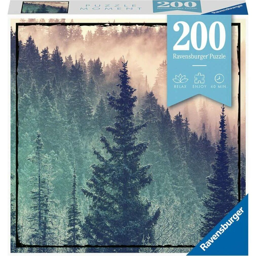 Puzzle Ravensburger da 200 pezzi. Confezione con paesaggio forestale. Marchio e numero di pezzi visibili.