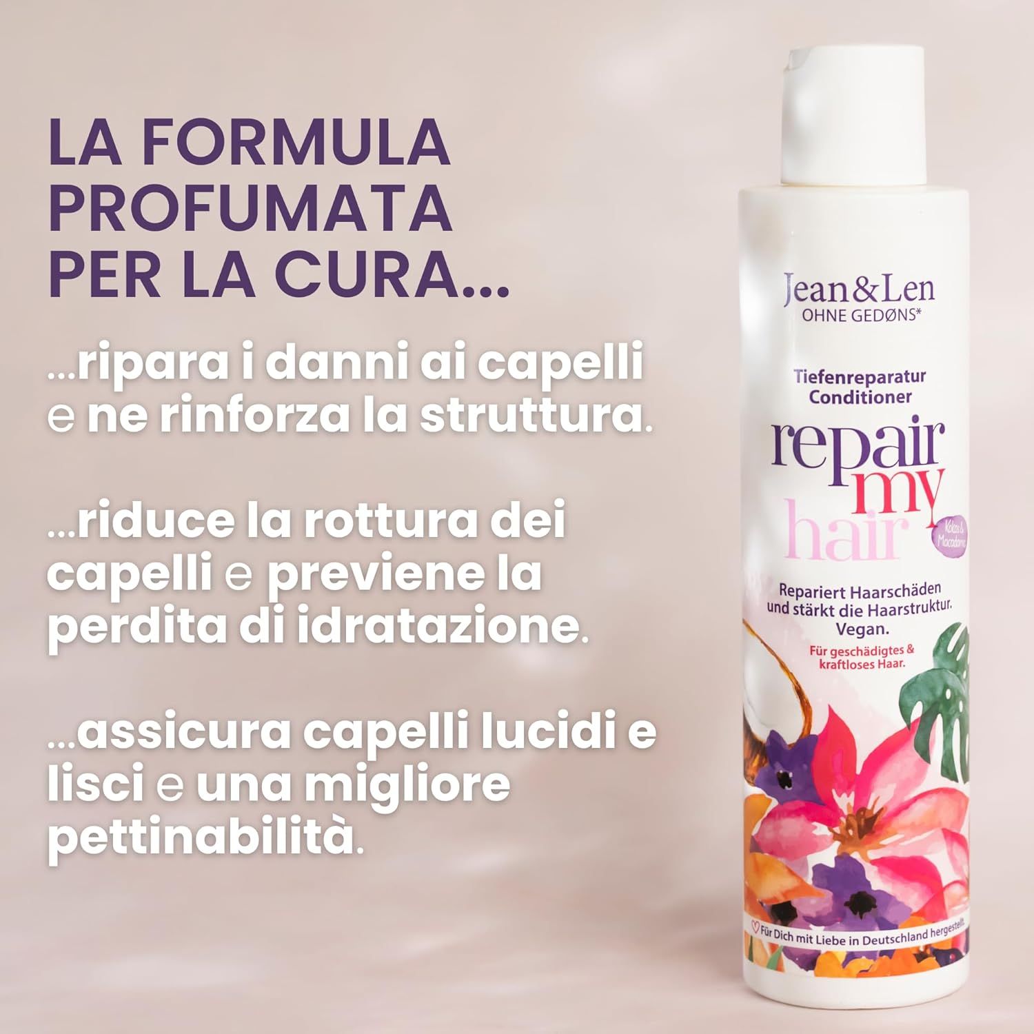 Flacone di balsamo. Testo: La formula profumata... ripara i danni, riduce la rottura, assicura capelli lucidi.
