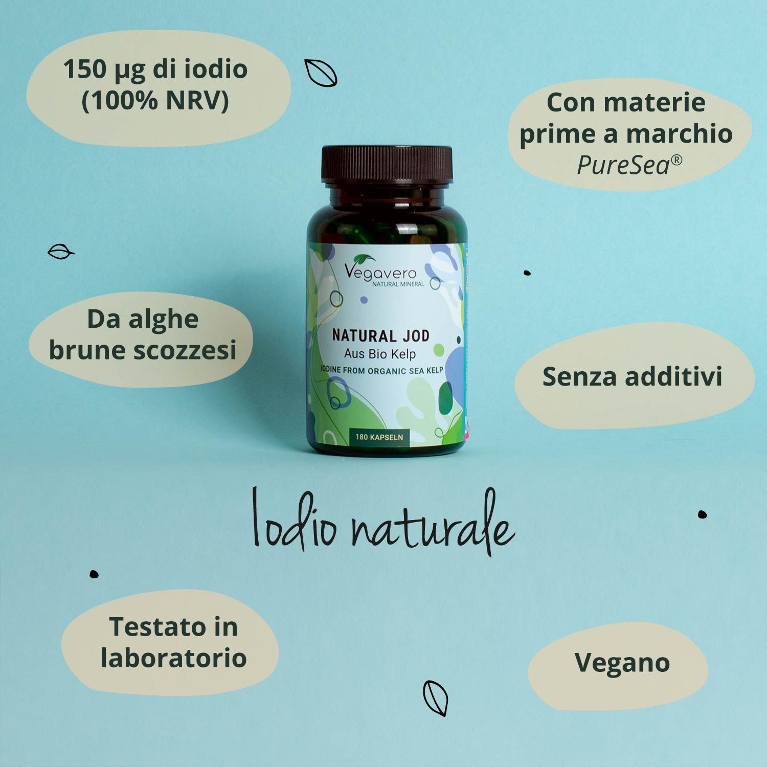 Bottiglia verde con tappo nero. Scritta: NATURAL JOD, Aus Bio Kelp, 180 capsule. Marchio: Vegavaro.