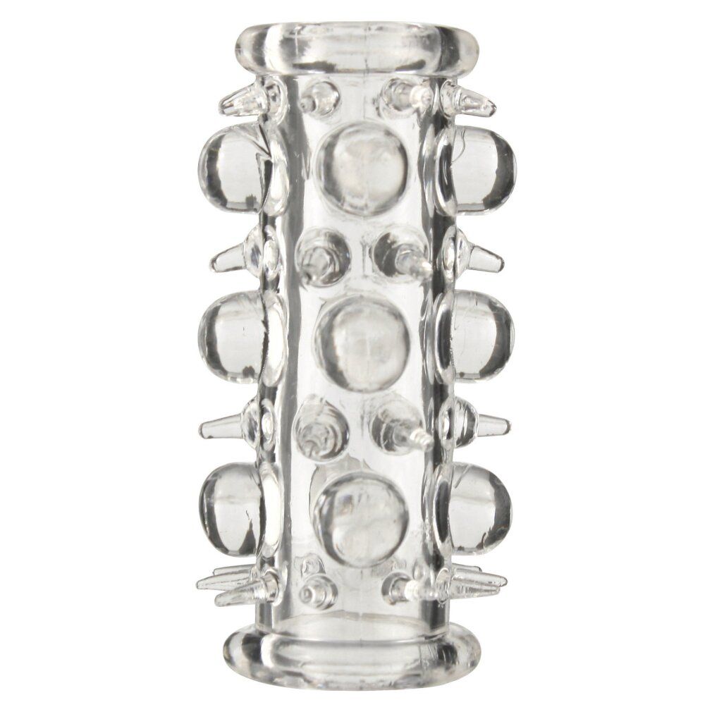 Manicotto in silicone trasparente con borchie e rilievi. Forma cilindrica. Prodotto senza confezione.