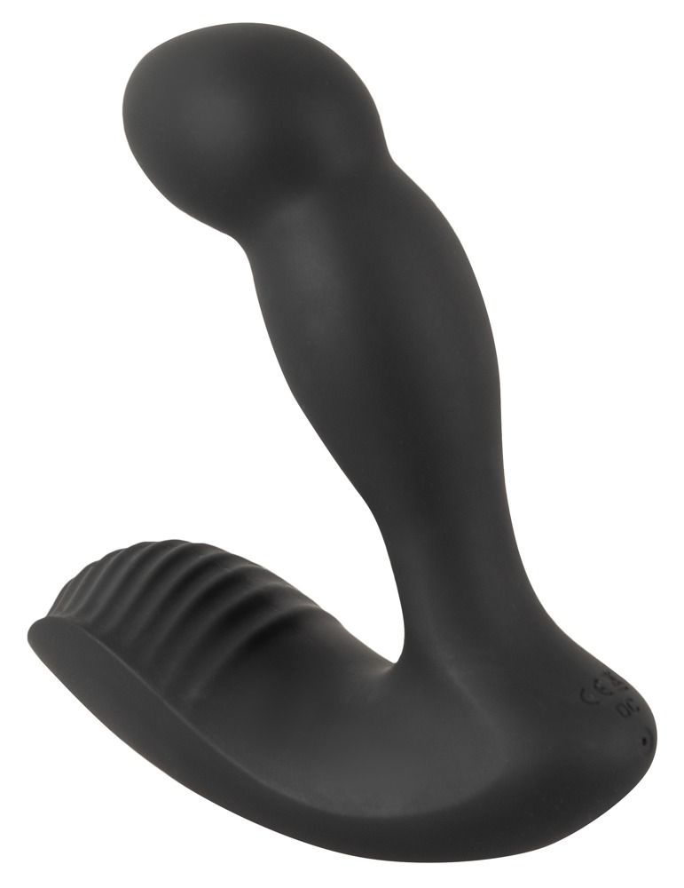 Stimolatore prostatico nero. Forma curva, base scanalata e testa rotonda. Realizzato in materiale liscio.
