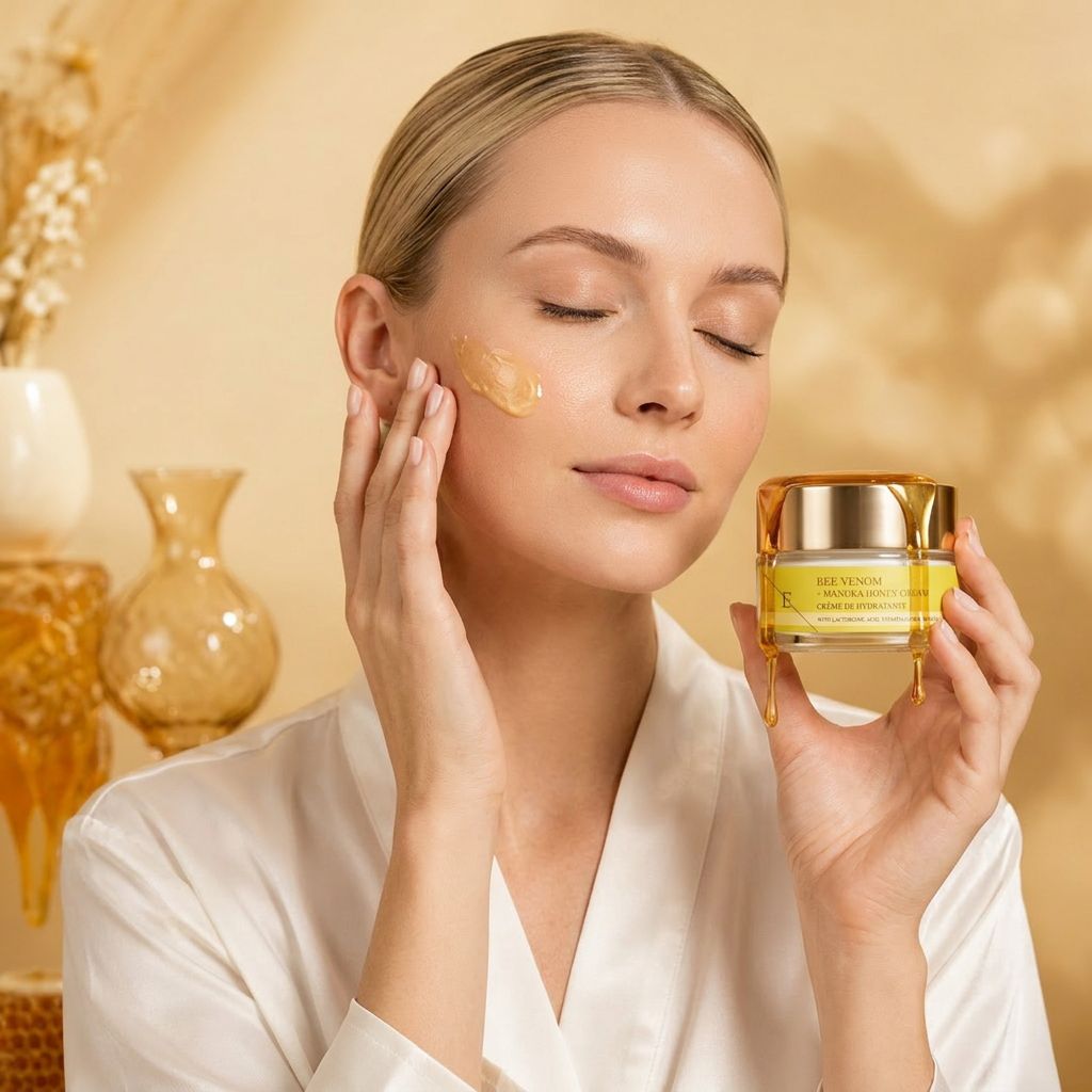 Una donna applica la crema ErthSkin London veleno d'api + miele di Manuka sul viso.
