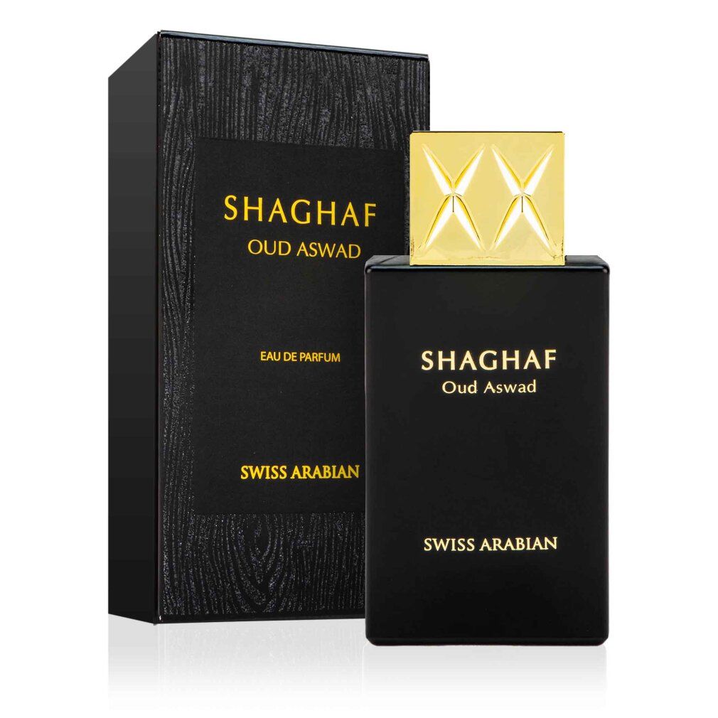Flacone nero con tappo dorato e confezione nera. Testo: SHAGHAF Oud Aswad, SWISS ARABIAN.